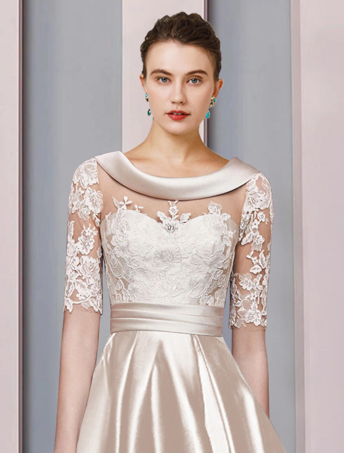 A-shaped Bride Mom Dress Wedding Guests Elegant and Generous High and Low Spoon Neck Asymmetric Tea Length Satin Lace Ribbon Applique