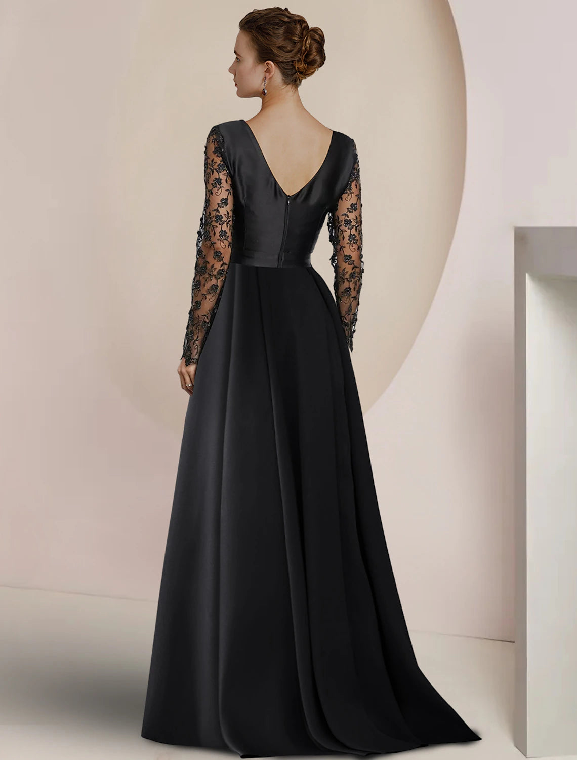 Jumpsuit bride's mother wedding guests elegant party V-neck to floor length satin lace ribbon and decal