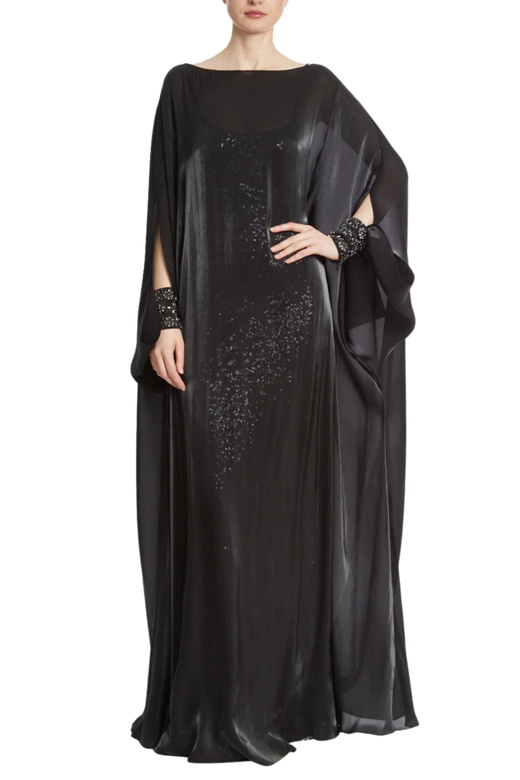 Badgley Mischka Flowy Long-Sleeved Charcoal Mother of the Bride Dresses