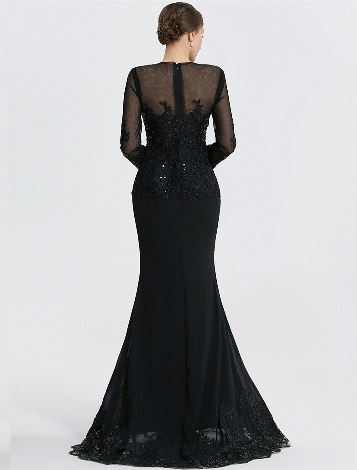 Mermaid Horn Sheath Post Evening Dress Formal Floor length Sleeves Jewel Neck Lace Applique