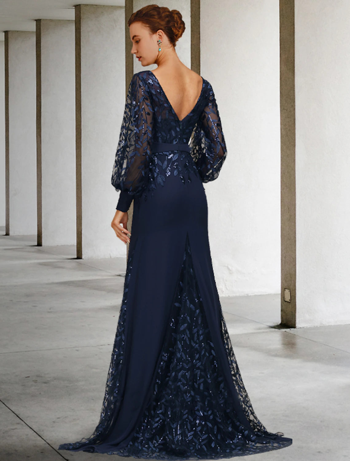Mermaid Small Bride Mom Dress Wedding Guests Vintage Jewelry Neck Sweeping Brush Tail Chiffon Lace Long Sleeves with Sequin Ruffle Edge