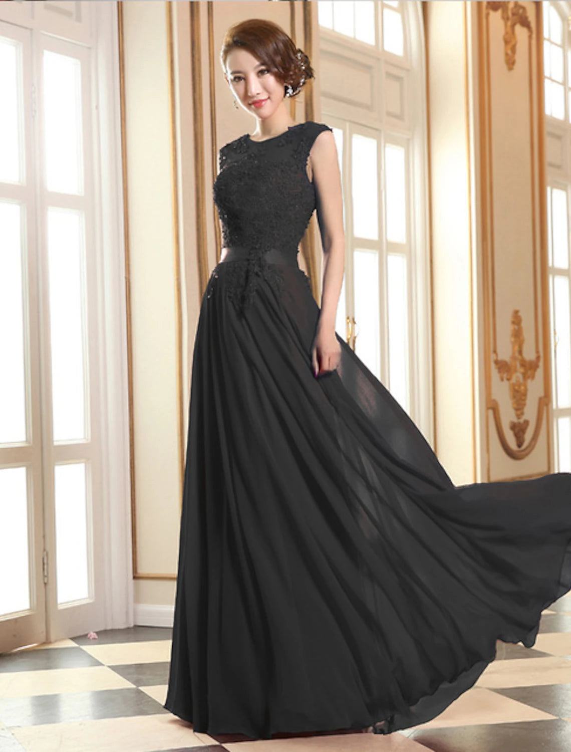 A-line Evening Dress Elegant Decal Dress Wedding Guest Ball and Floor Length Sleeveless Perspective Collar Bridesmaid Dress Georgette