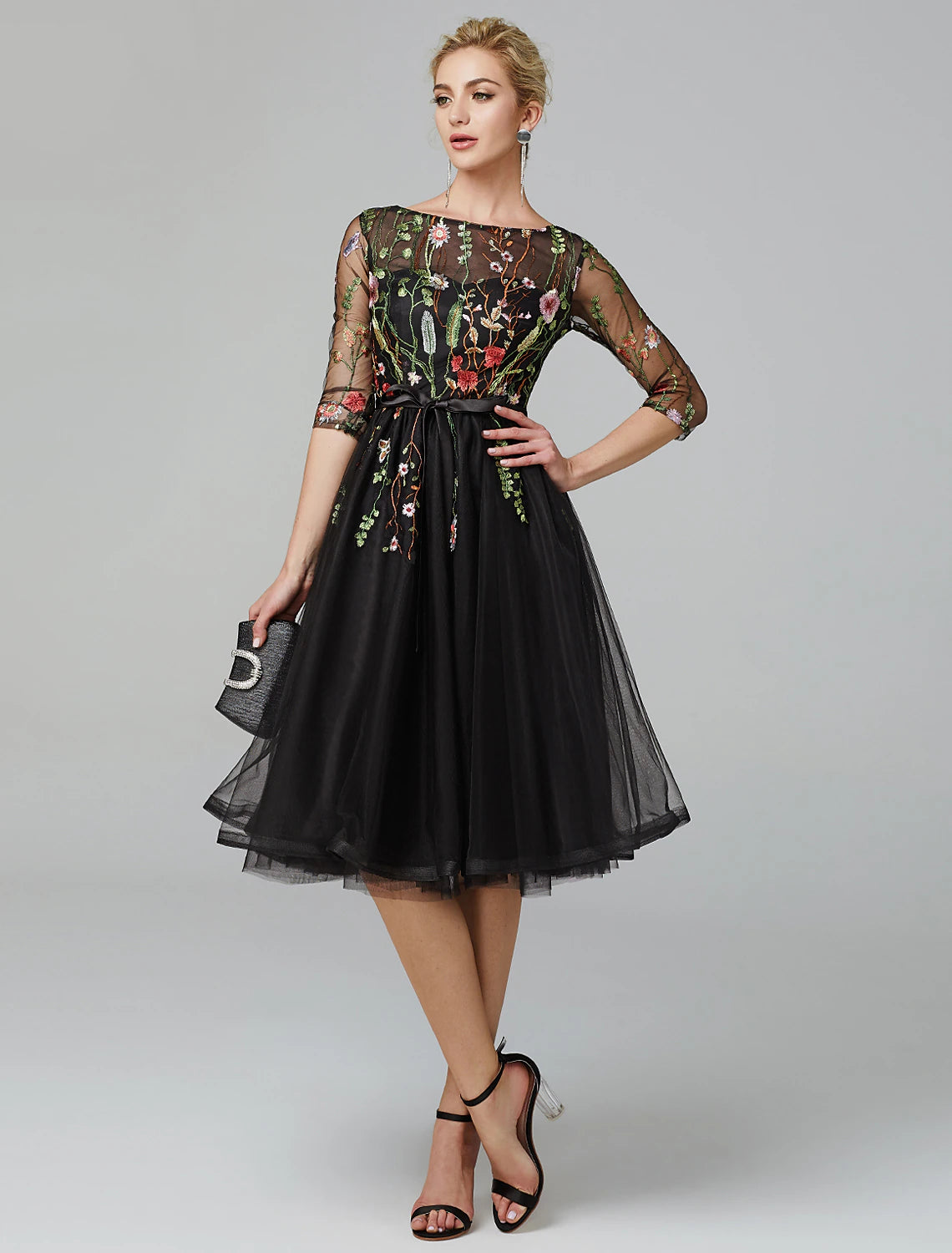 A-line black dress retro wedding guests chicken knee long sleeved phantom collar Wednesday Adams family sheer embroidered stickers