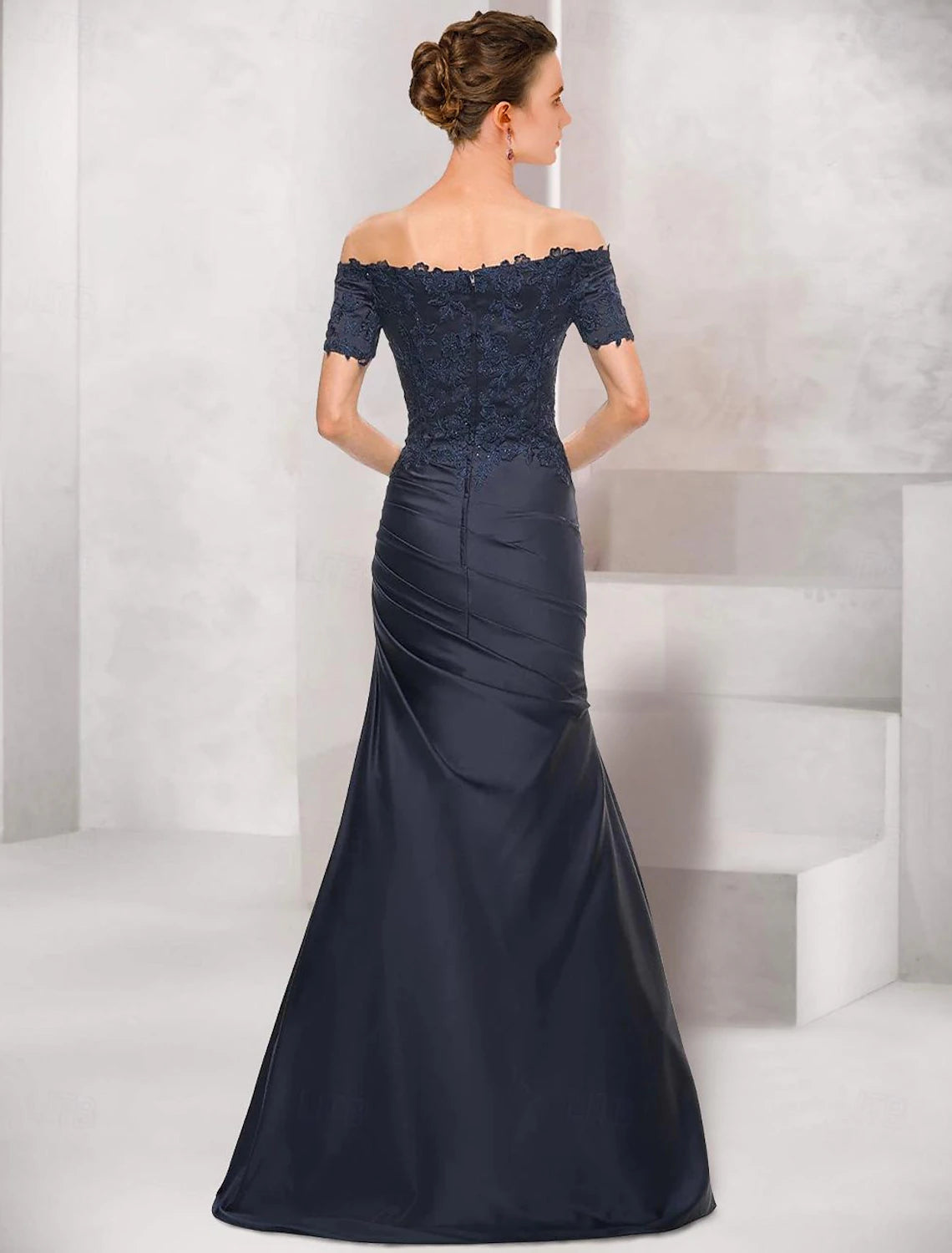 Mermaid Loudspeaker Bride Mom Dress Vintage High Grade Off Shoulder V-Neck To Floor Length Satin Short Sleeves Lace Ruffles