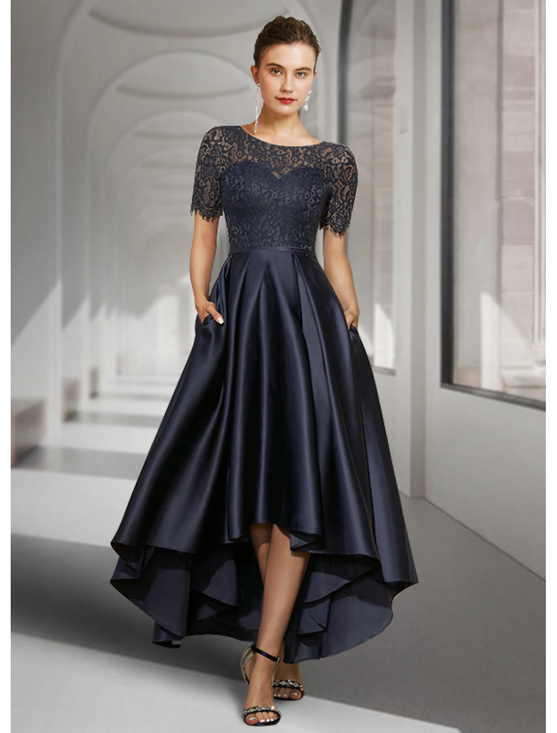 Bride Mom Dress Wedding Guests High and Low Spoon Neckline Asymmetric Tea Long Satin Lace Short Sleeves with Folds