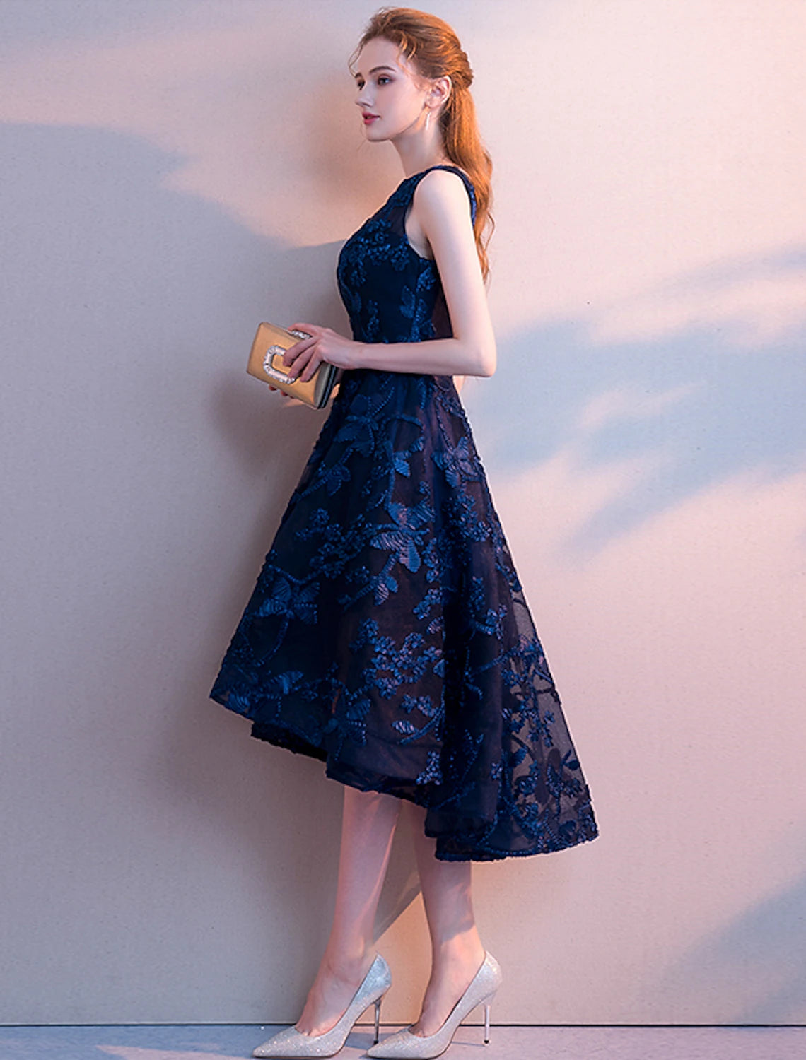 A-line Dress Elegant Wedding Guests Asymmetric Sleeveless Jewel Neck Thin Yarn Fold Pattern Print