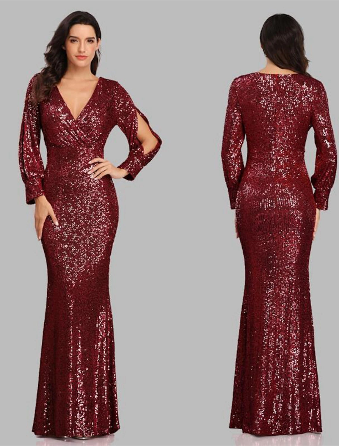 Mermaid Loudspeaker Evening Dress Sparkling Dress Party Dress Wedding Guests Landing Long Sleeve V-Neck Sequins