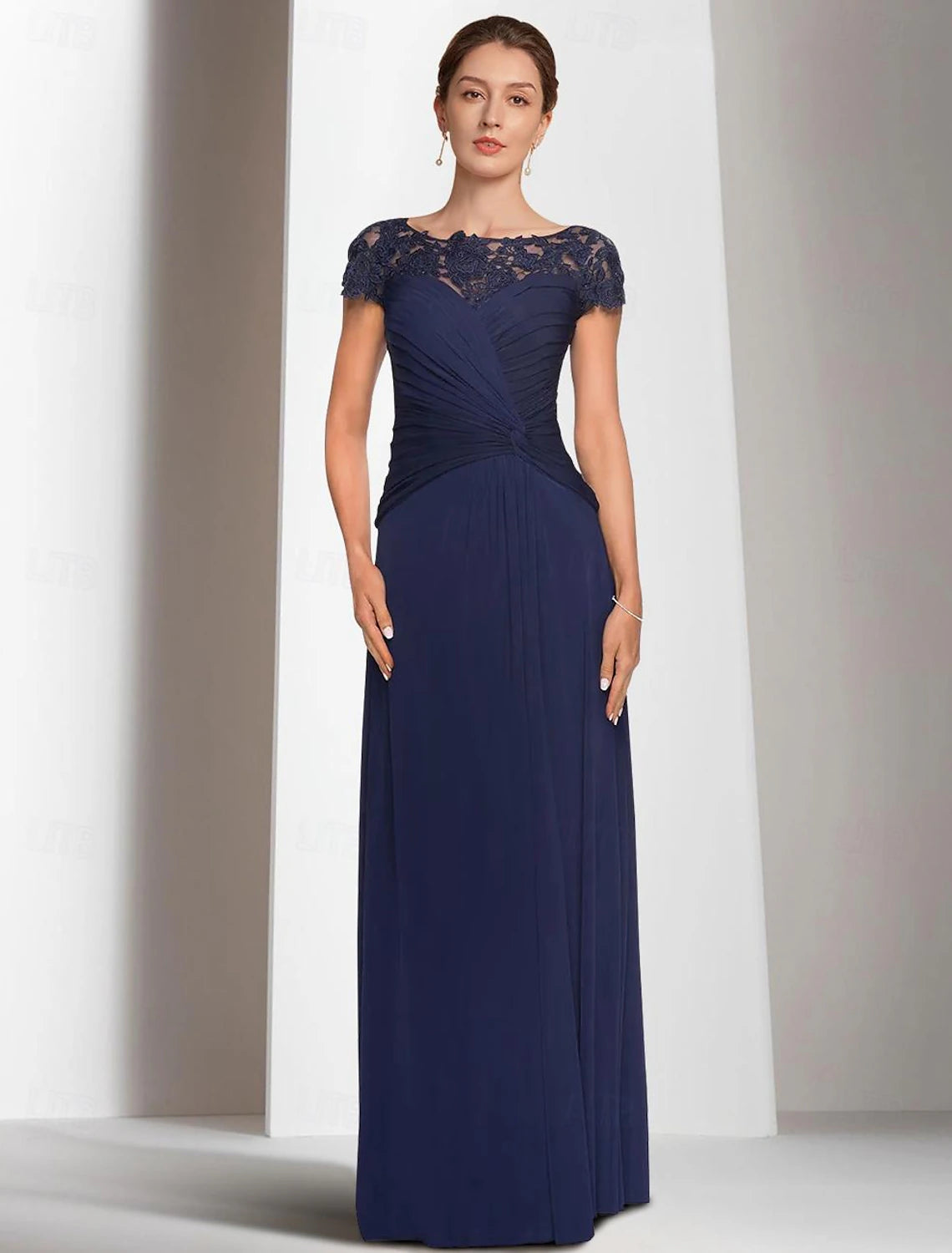 A-shaped Bride Mom Dress Jewelry Neck and Floor Length Chiffon Short Sleeves with Pleated Beads
