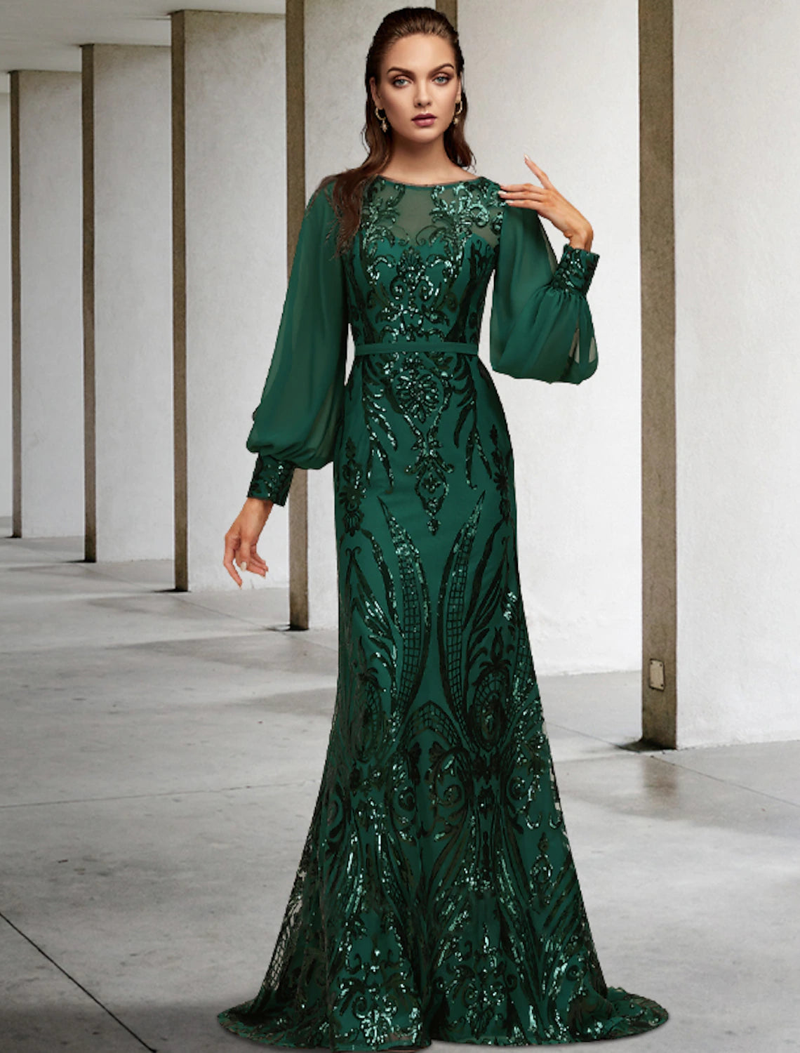 Mermaid Bride Mom Dress Wedding Guests Sparkling Jewelry Neckpiece/Brush Tail Chiffon Sequins Long Sleeves with Sequins