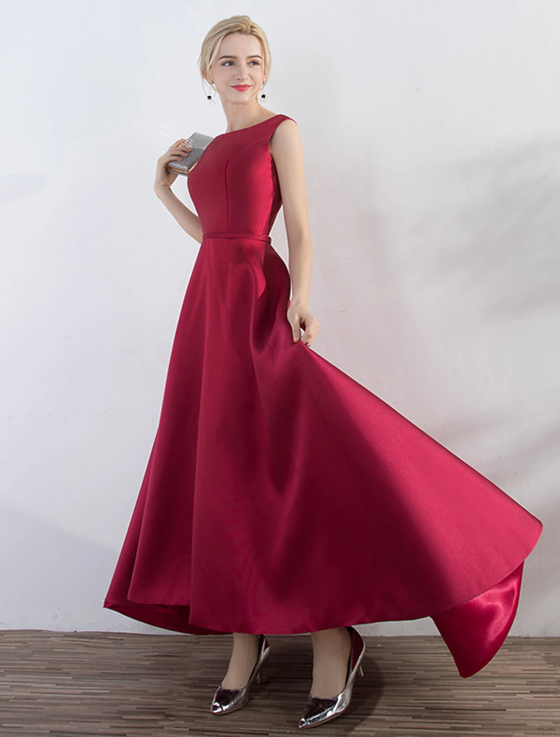A-line Evening Dress Wedding Guest Party Asymmetric Sleeveless Jewel Neck Satin Fashion