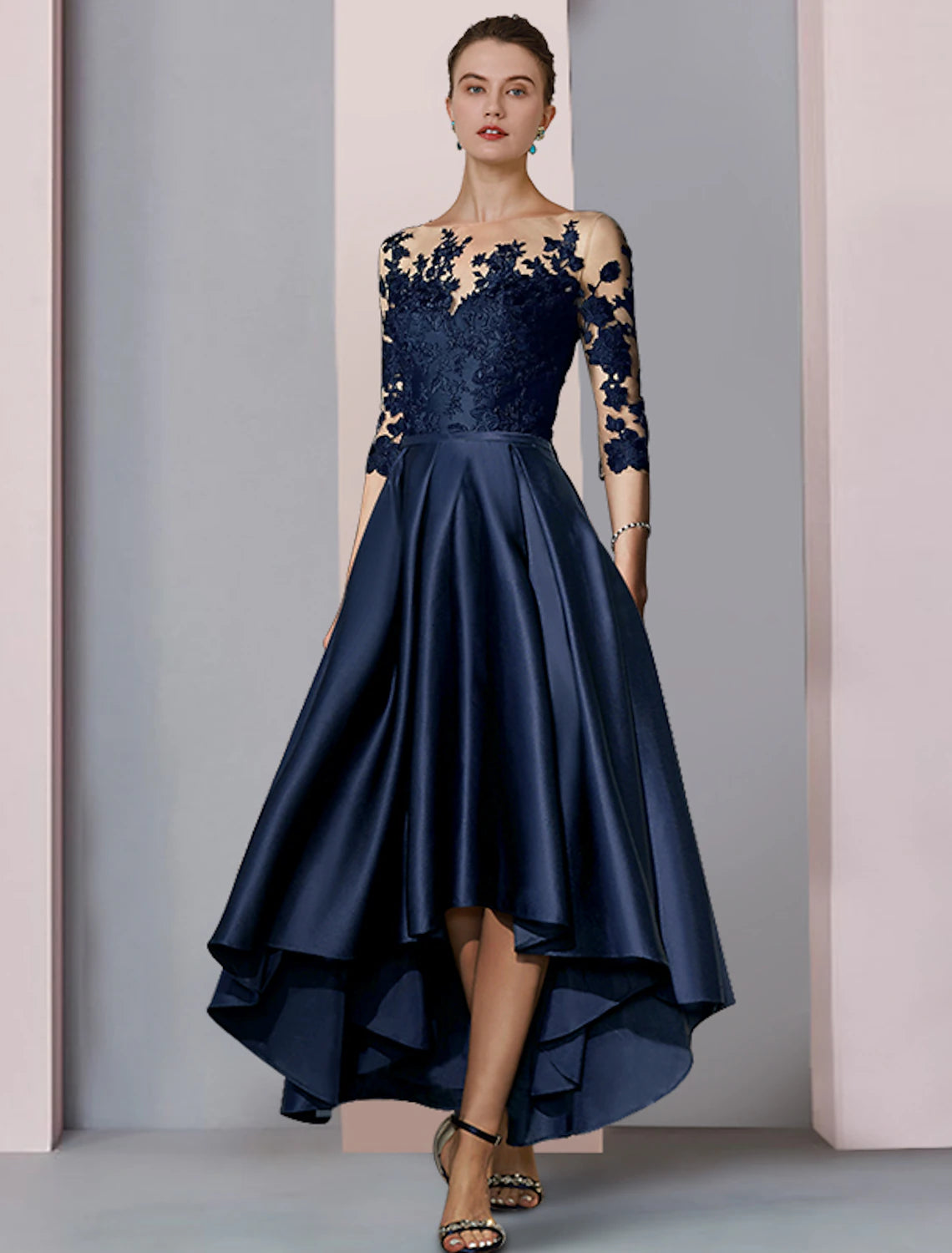 A-shaped Bride Mom Formal Dress Wedding Elegant High Low Spoon Neck Asymmetric Tea Length Satin Lace 3/4 Long Sleeves with Folded Stickers