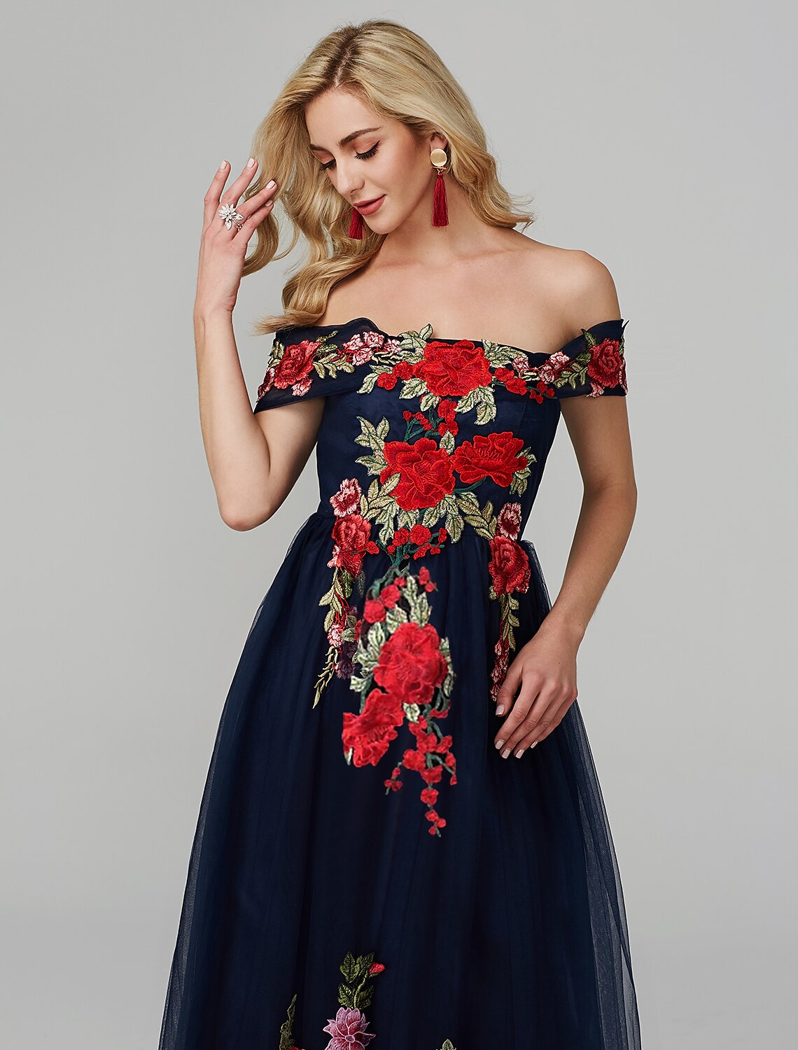 A-shaped floral dress for wedding guests ball and floor length sleeveless off shoulder lace sheer with embroidered stickers