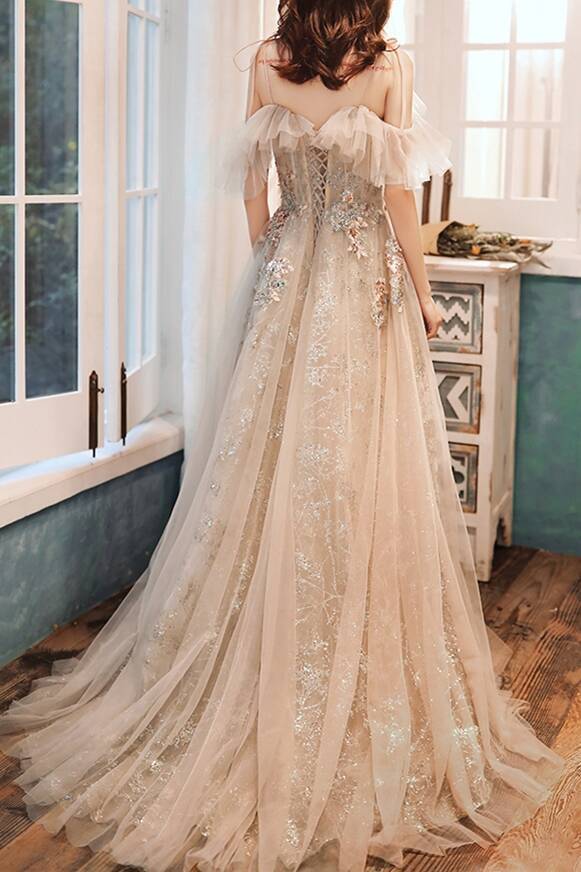 Floral Embroidery Champagne Long Evening Dress