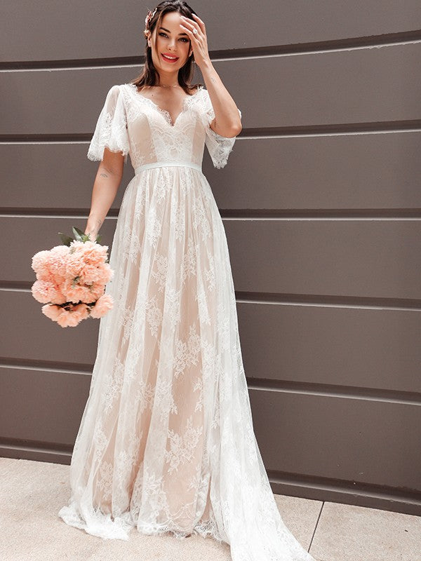 A-line Princess Short sleeved Lace V-neck Belt Sweeping Tail Chest length Wedding Dress