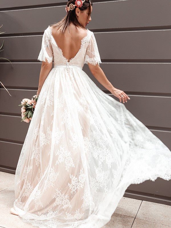 A-line Princess Short sleeved Lace V-neck Belt Sweeping Tail Chest length Wedding Dress