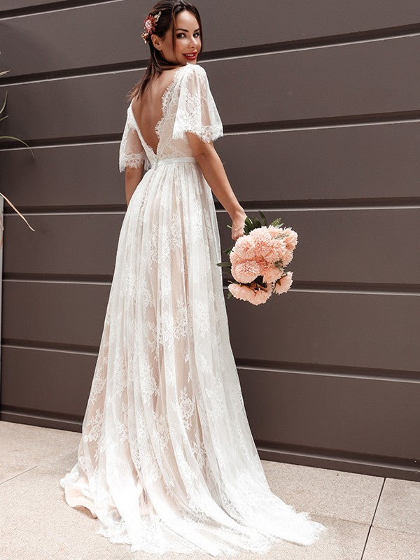 A-line Princess Short sleeved Lace V-neck Belt Sweeping Tail Chest length Wedding Dress