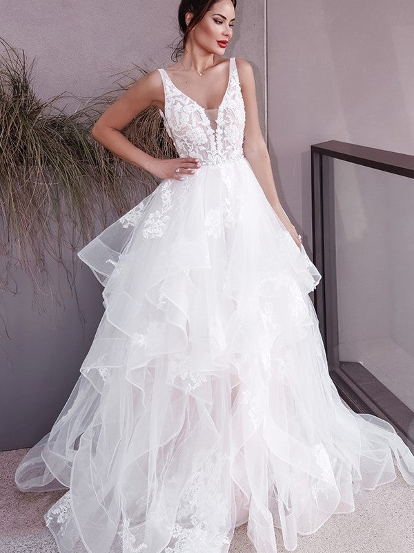 Elegant Princess V-neck Applique Sleeveless Tulle Bra Brush Train Wedding Dress