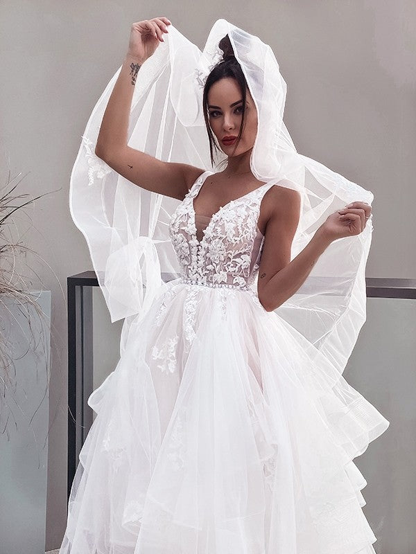 Elegant Princess V-neck Applique Sleeveless Tulle Bra Brush Train Wedding Dress