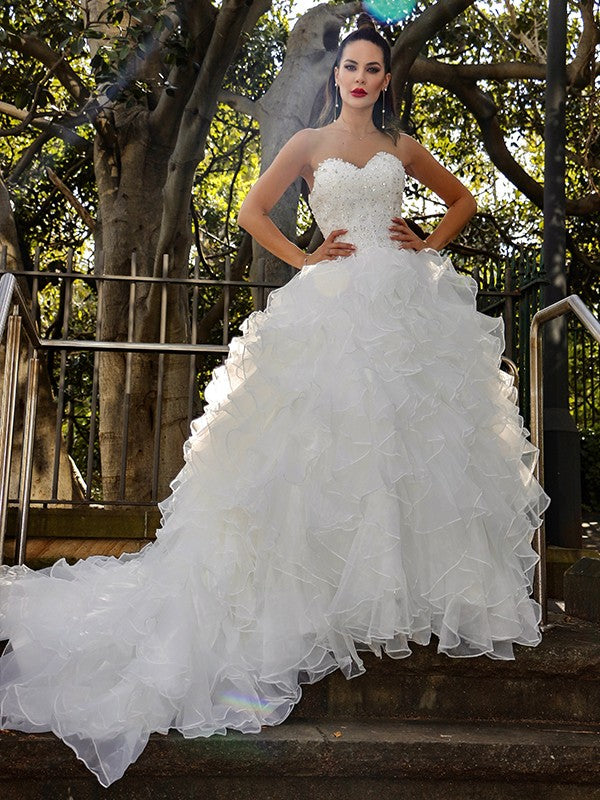 Ball dress organza sleeveless sequins sweetheart church skirt wedding dress