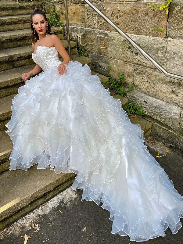 Ball dress organza sleeveless sequins sweetheart church skirt wedding dress