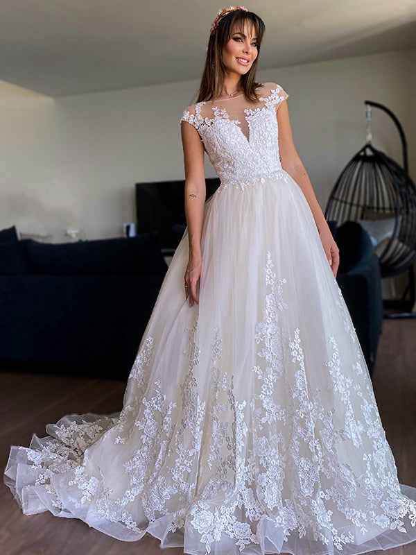 A-line Elegant Princess Tulle Applique V-neck Sleeveless Palace Dress Wedding Dress