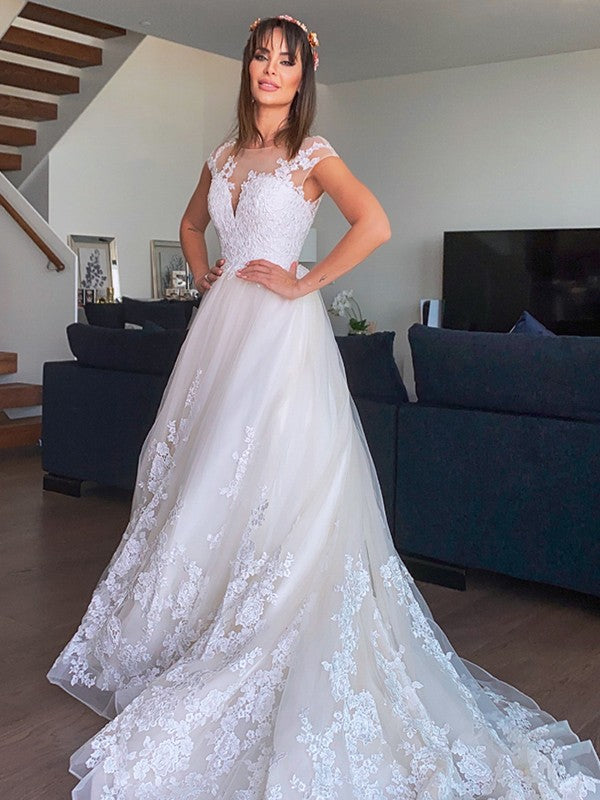 A-line Elegant Princess Tulle Applique V-neck Sleeveless Palace Dress Wedding Dress
