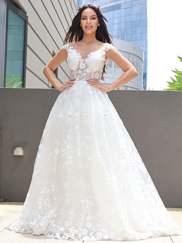 Elegant Princess Tulle Applique V-neck Sleeveless Floor Sweeping Wedding Dress