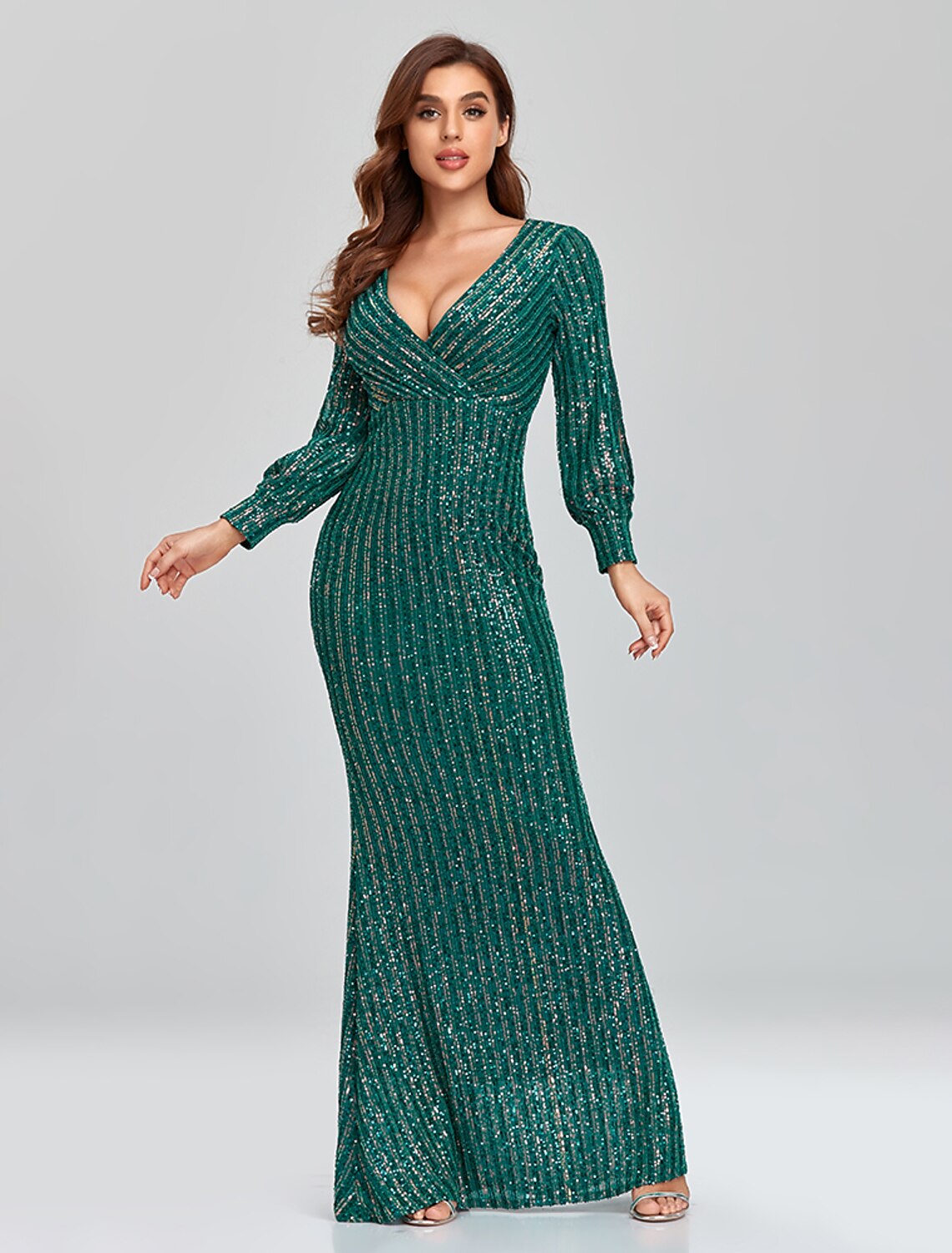 Mermaid Loudspeaker Evening Dress Sparkling Dress Party Dress Wedding Guests Landing Long Sleeve V-Neck Sequins