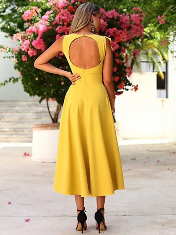 A-line elegant princess elastic Crepe ruffled jewelry sleeveless tea long dress
