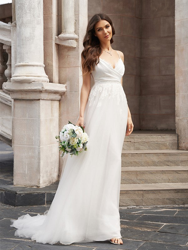 A-line Princess Style V-Neck Tulle Sleeveless Applique Large hem Chest length Wedding Dress
