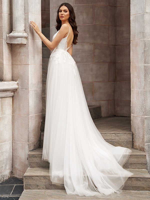 A-line Princess Style V-Neck Tulle Sleeveless Applique Large hem Chest length Wedding Dress