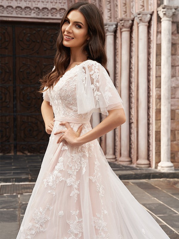 A-line Elegant Princess Tulle Applique V-neck 1/2 Sleeve Palace Style Train Wedding Dress