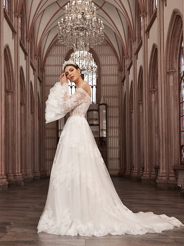 A-line Princess Style Off Shoulder Tulle Long sleeved Applique Shoulder length Wedding Dress