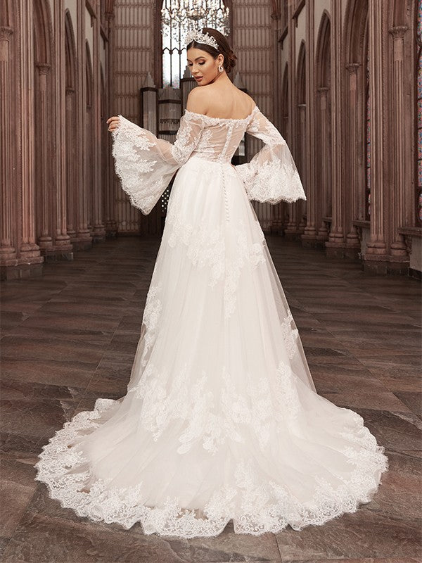 A-line Princess Style Off Shoulder Tulle Long sleeved Applique Shoulder length Wedding Dress