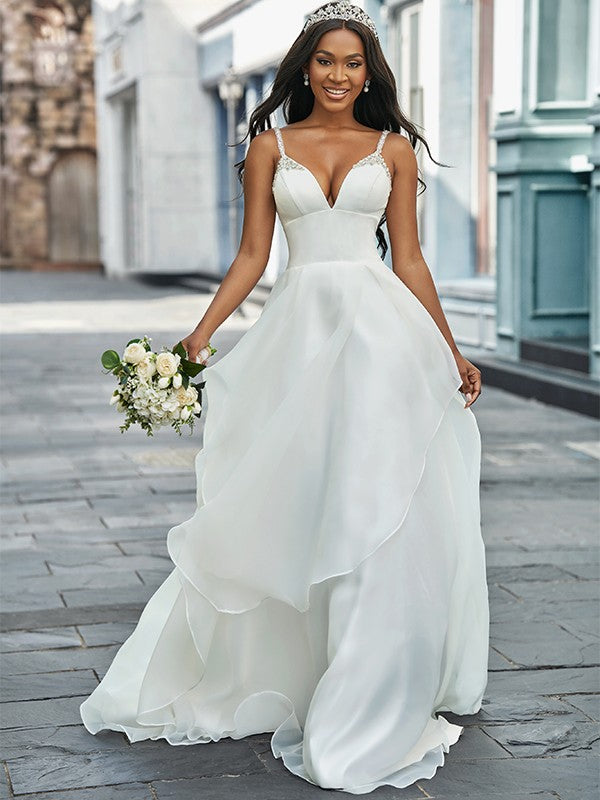 A-line Princess V-neck Organza Sleeveless Beaded Train Wedding Dress