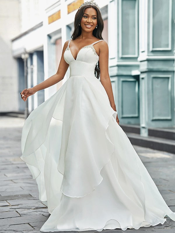 A-line Princess V-neck Organza Sleeveless Beaded Train Wedding Dress