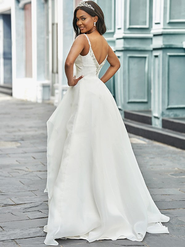 A-line Princess V-neck Organza Sleeveless Beaded Train Wedding Dress