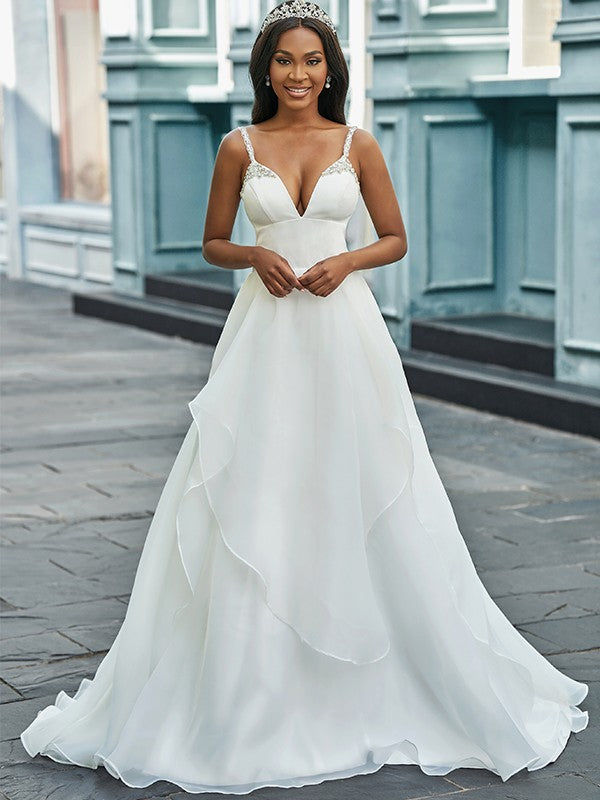 A-line Princess V-neck Organza Sleeveless Beaded Train Wedding Dress