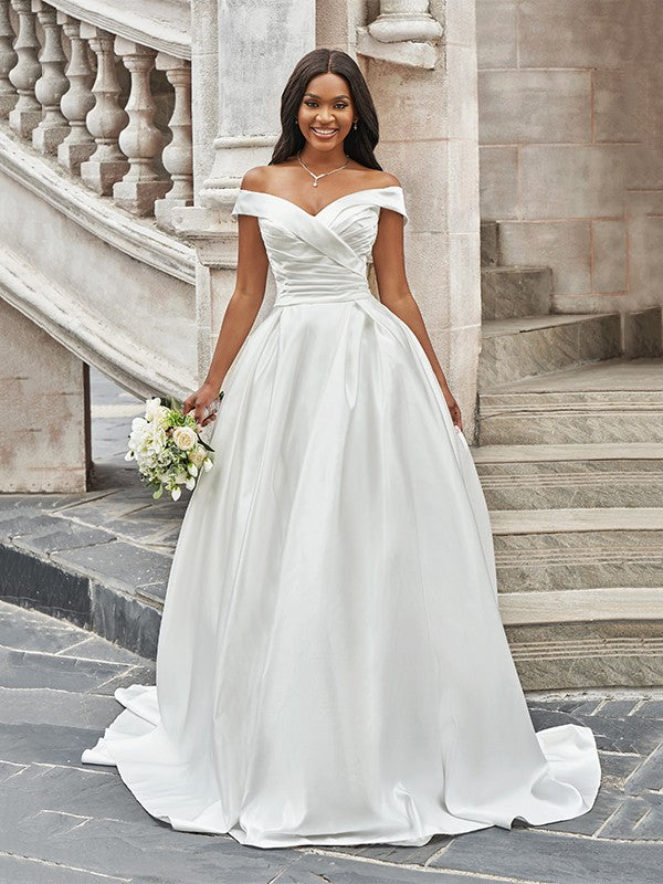 A-line princess style off the shoulder pleated sleeveless satin court drag wedding dress