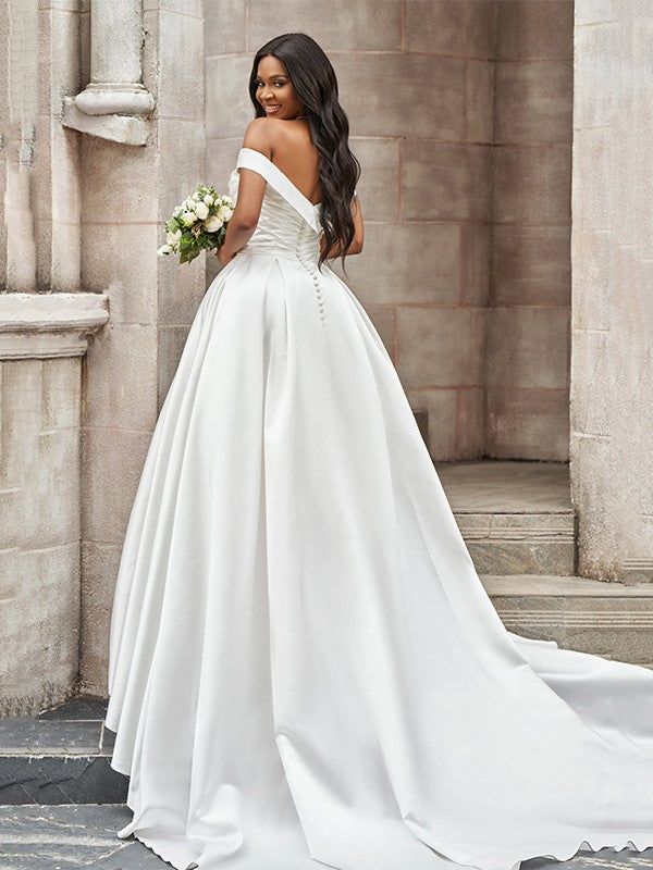 A-line princess style off the shoulder pleated sleeveless satin court drag wedding dress