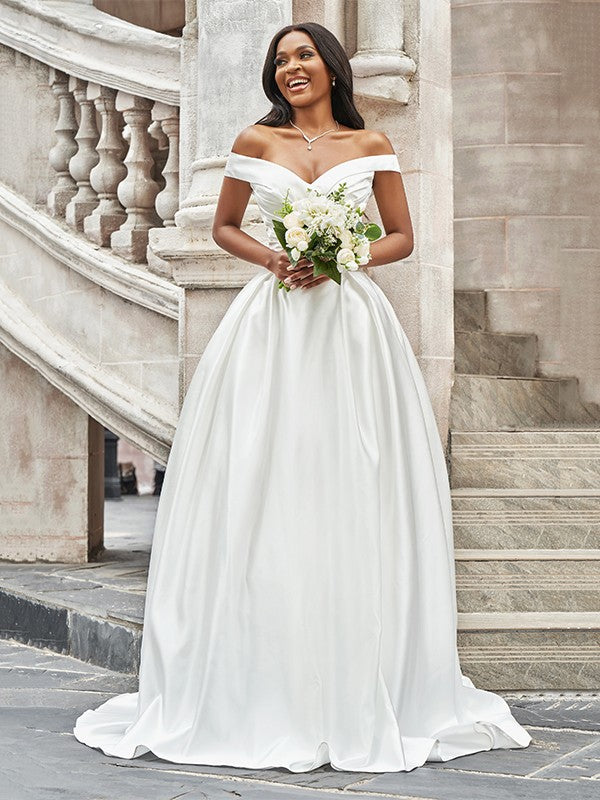 A-line princess style off the shoulder pleated sleeveless satin court drag wedding dress
