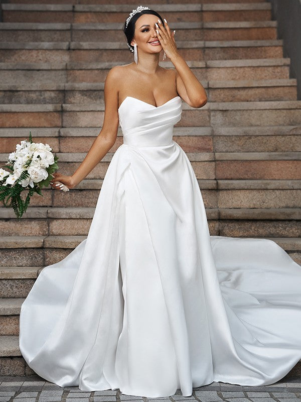 A-line Princess Satin Ruffle Edge Sweet Sleeveless Church Dress Wedding Dress
