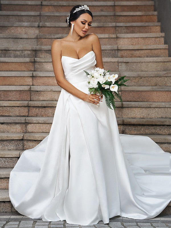 A-line Princess Satin Ruffle Edge Sweet Sleeveless Church Dress Wedding Dress