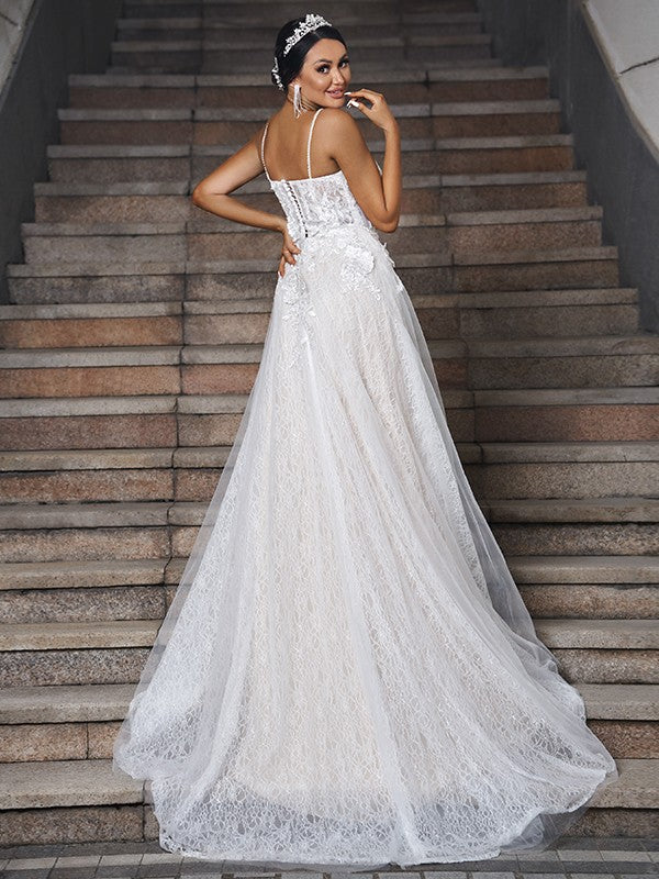 A-shaped Princess Lace Applique V-neck Sleeveless Brush Tail Wedding Dress