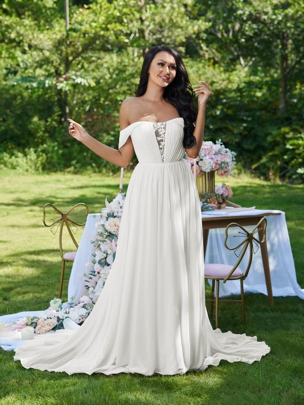A-shaped Princess Chiffon Ruffle Edge Off Shoulder Sleeveless Brush Tail Wedding Dress