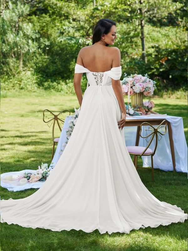 A-shaped Princess Chiffon Ruffle Edge Off Shoulder Sleeveless Brush Tail Wedding Dress