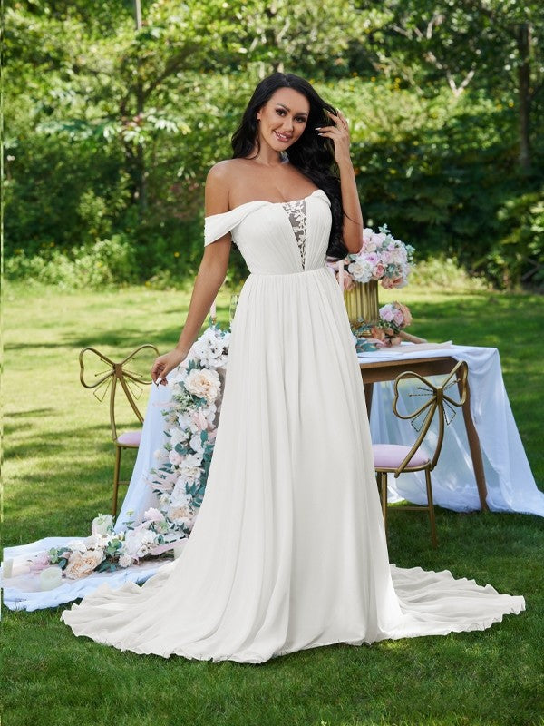 A-shaped Princess Chiffon Ruffle Edge Off Shoulder Sleeveless Brush Tail Wedding Dress