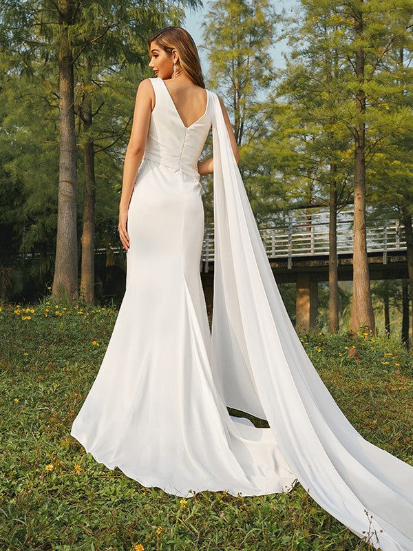 Sheath cylinder elastic woven satin pleated sleeveless brush train wedding dress