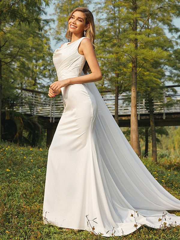 Sheath cylinder elastic woven satin pleated sleeveless brush train wedding dress