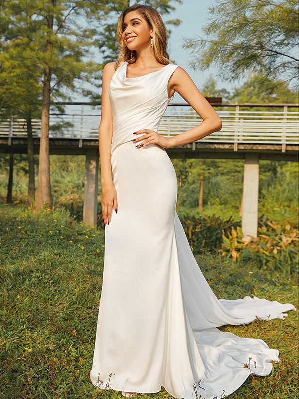 Sheath cylinder elastic woven satin pleated sleeveless brush train wedding dress